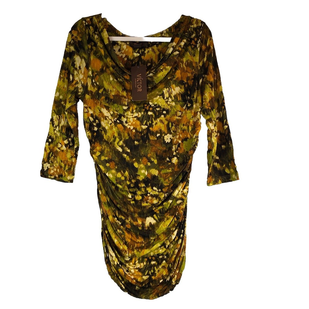 Victor Alfaro Womens Tunic Large 3/4 Sleeve Shirred Side Draped Neckline Top